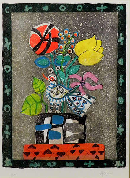 492339 リトグラフ ポール・アイズピリ 作 「花籠と鳥」EA版（画家 