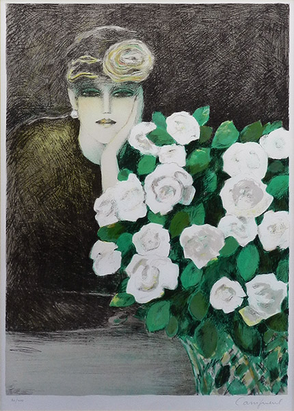 東大ジャン=ピエール・カシニョール　　　リトグラフ　　　「白いバラ」 石版画、リトグラフ